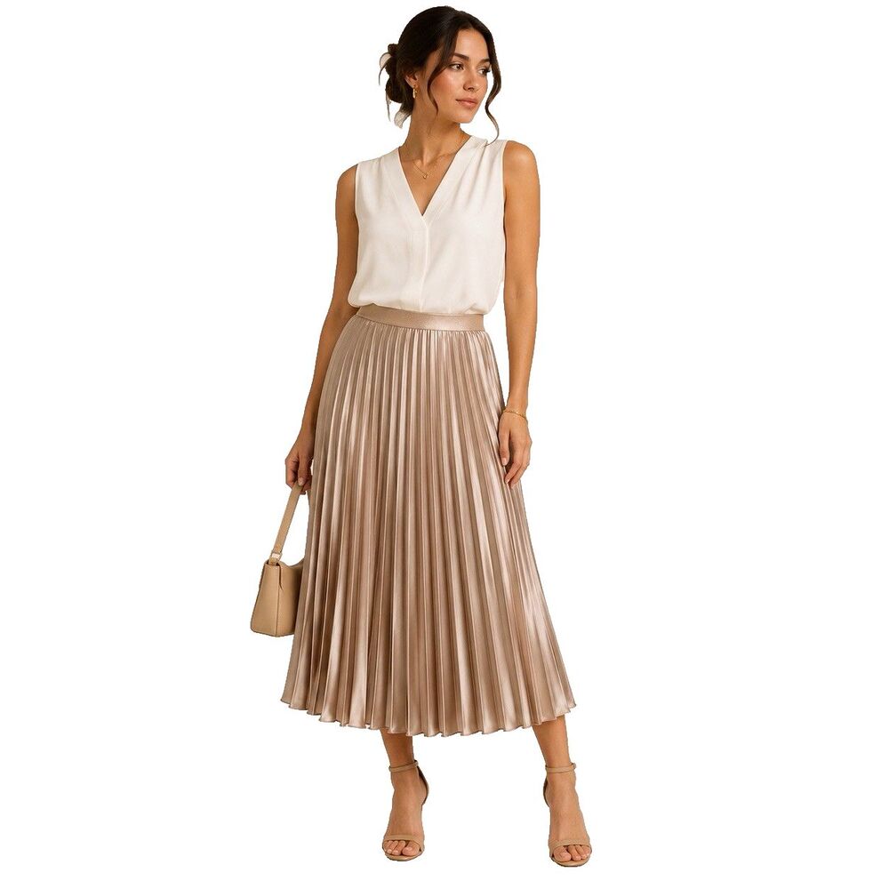 Jaclyn Smith Gold Metallic Pleated Midi Skirt Women Size Small Satin Dressy Chic